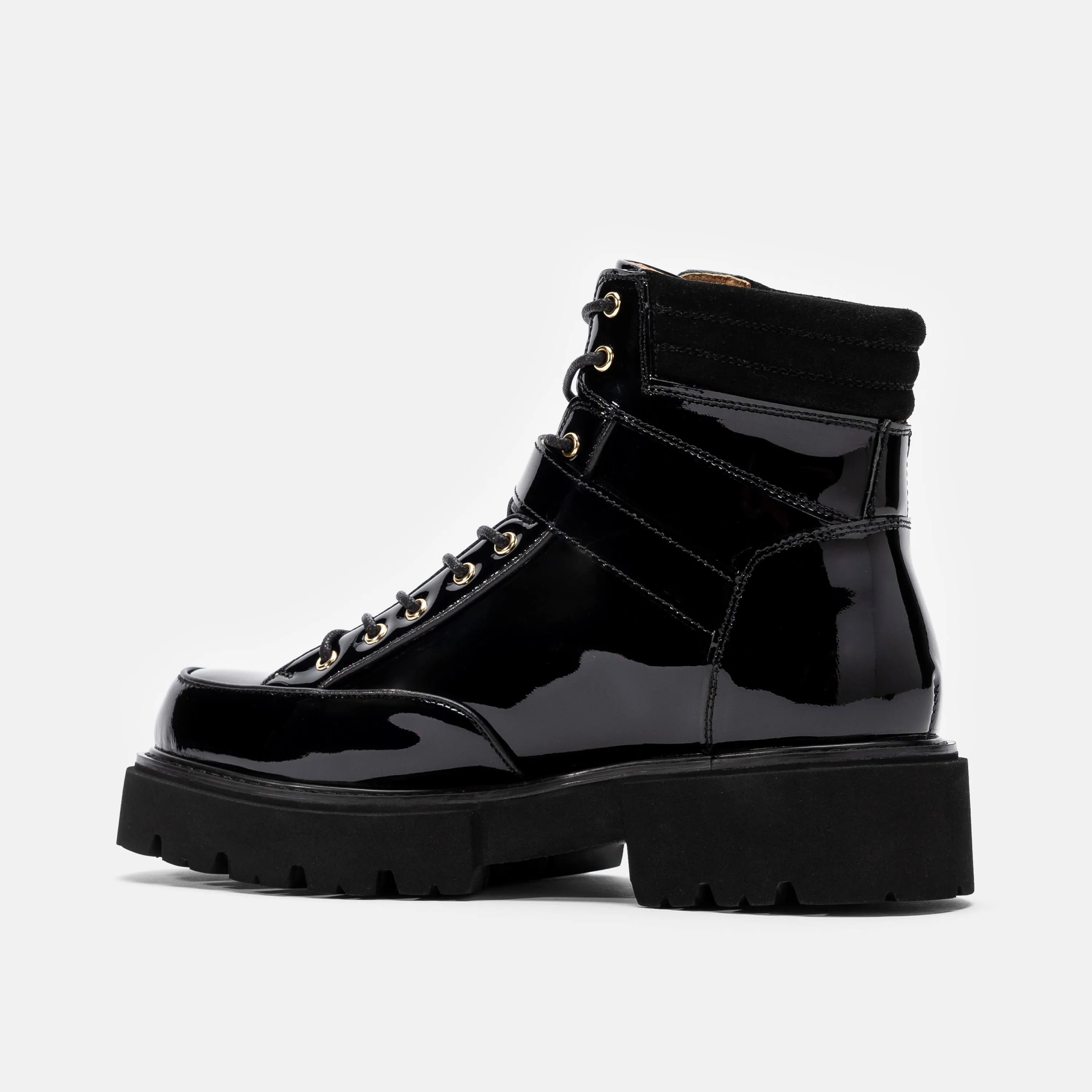 Ms. Atlas Black Patent Leather Strap Boots