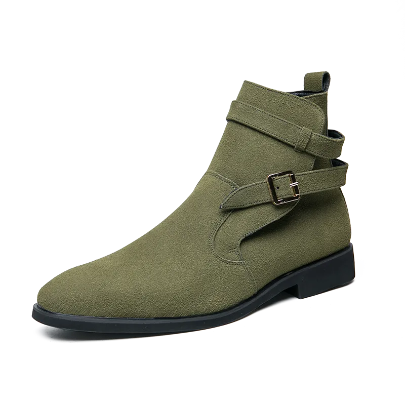 New Green Retro Men's Boots Buckle Design Suede Leather Boots Dress Formal Boots Casual Winter Chelsea Men Shoes botas de hombre