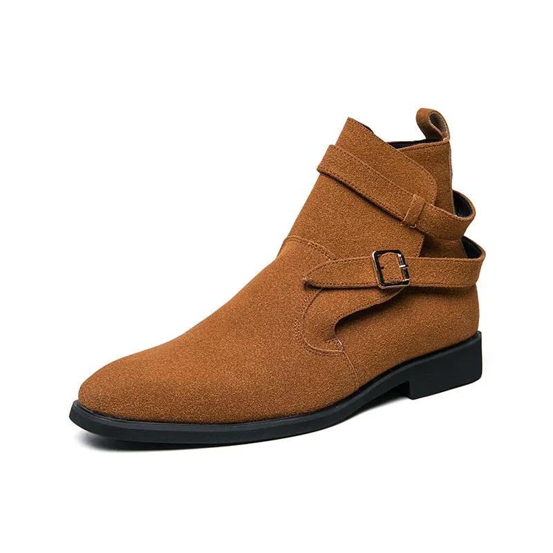 New Green Retro Men's Boots Buckle Design Suede Leather Boots Dress Formal Boots Casual Winter Chelsea Men Shoes botas de hombre