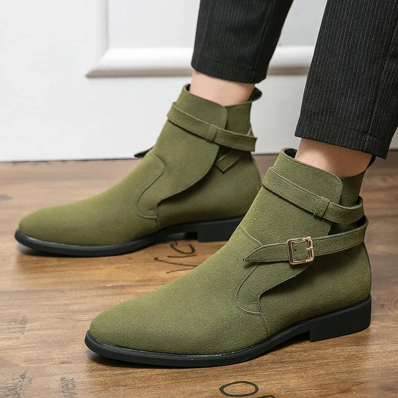 New Green Retro Men's Boots Buckle Design Suede Leather Boots Dress Formal Boots Casual Winter Chelsea Men Shoes botas de hombre