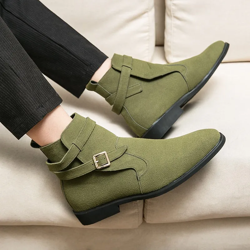 New Green Retro Men's Boots Buckle Design Suede Leather Boots Dress Formal Boots Casual Winter Chelsea Men Shoes botas de hombre