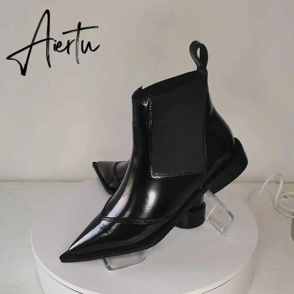 New Women Ankle Boots plus size 22-26.5cm Cow patent leather Chelsea boots Low-heeled fashion all-match black boots