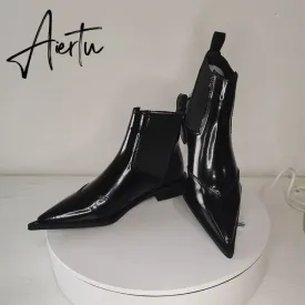 New Women Ankle Boots plus size 22-26.5cm Cow patent leather Chelsea boots Low-heeled fashion all-match black boots