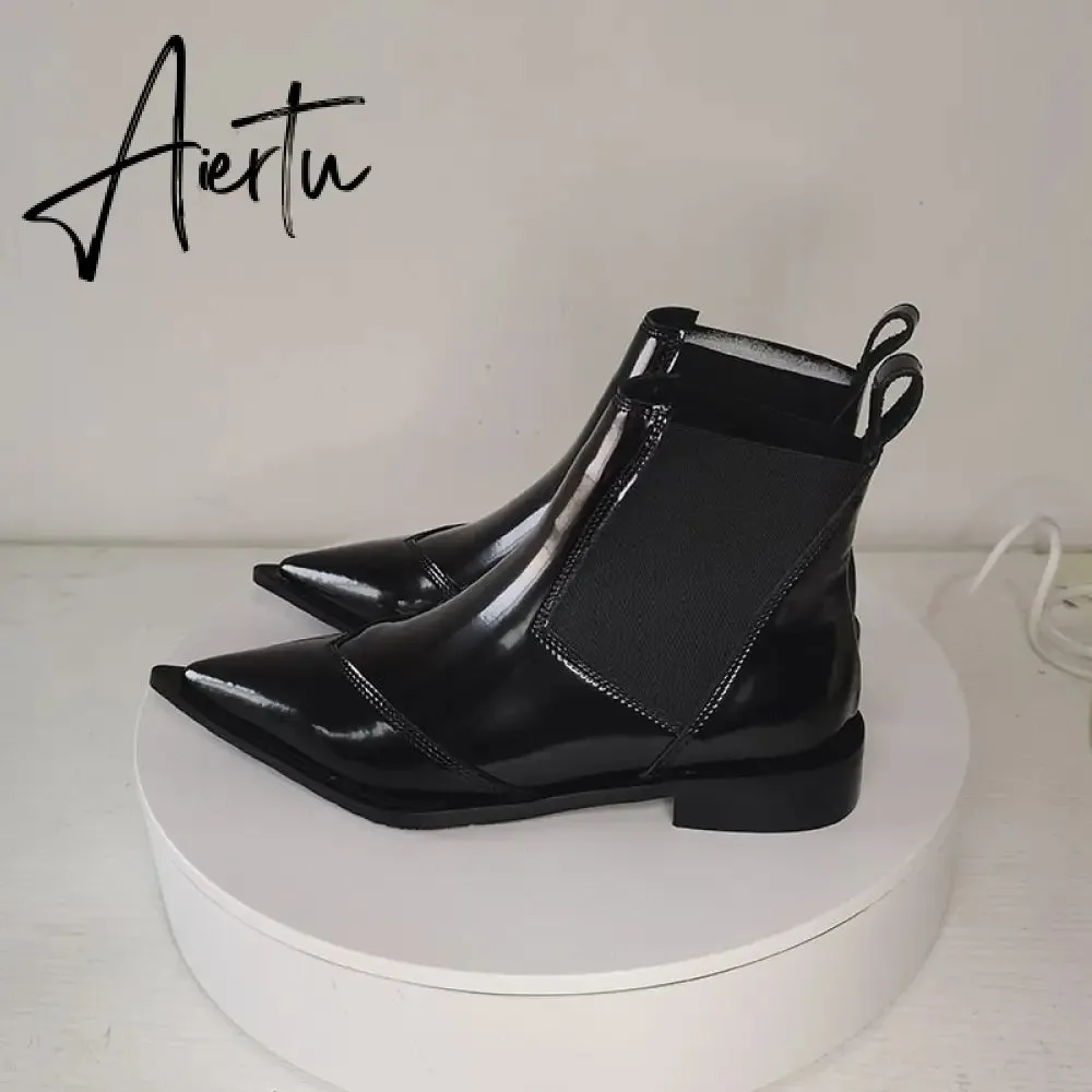 New Women Ankle Boots plus size 22-26.5cm Cow patent leather Chelsea boots Low-heeled fashion all-match black boots