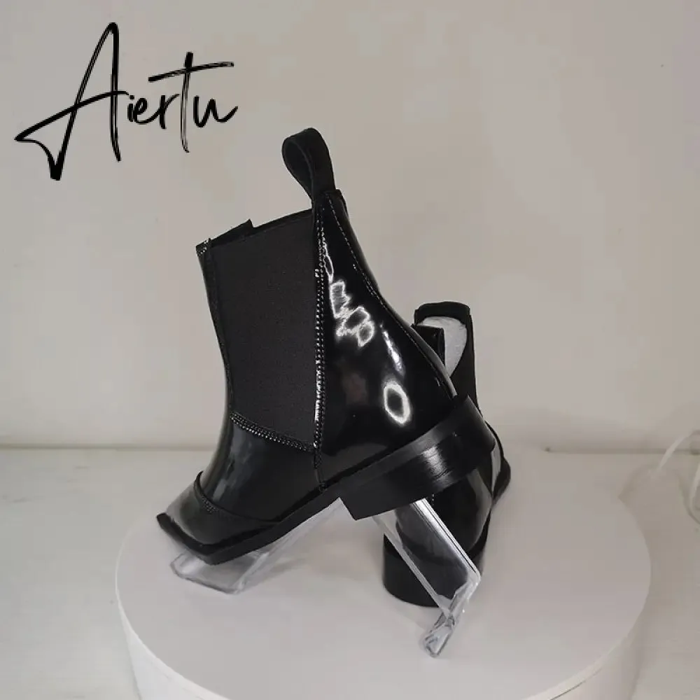 New Women Ankle Boots plus size 22-26.5cm Cow patent leather Chelsea boots Low-heeled fashion all-match black boots