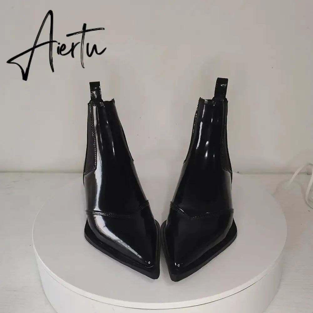 New Women Ankle Boots plus size 22-26.5cm Cow patent leather Chelsea boots Low-heeled fashion all-match black boots