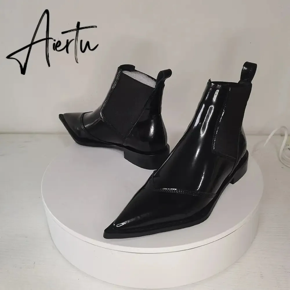 New Women Ankle Boots plus size 22-26.5cm Cow patent leather Chelsea boots Low-heeled fashion all-match black boots