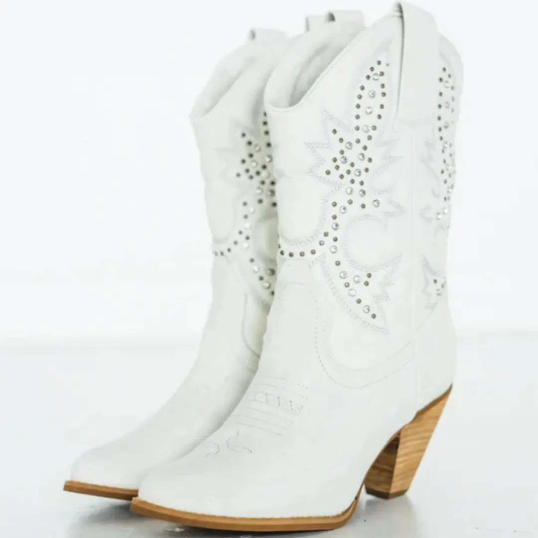 Online Exclusive | Houston Western Stud with Heel Boots in White