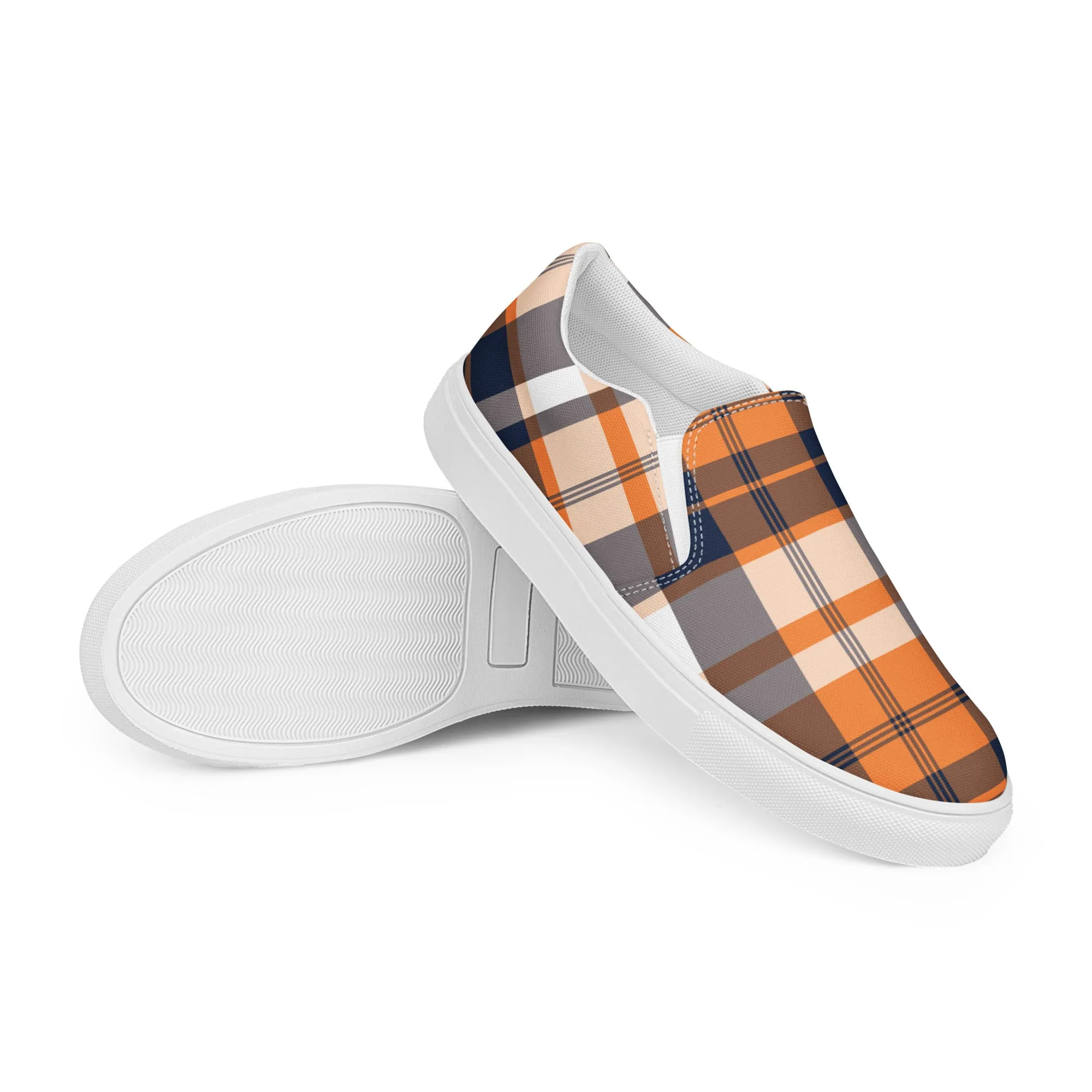 Orange and Navy Blue Preppy Surfer Plaid Women's Slip On Canvas Shoes