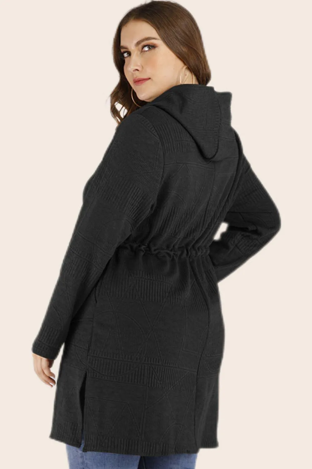 Plus Size Drawstring Waist Hooded Cardigan