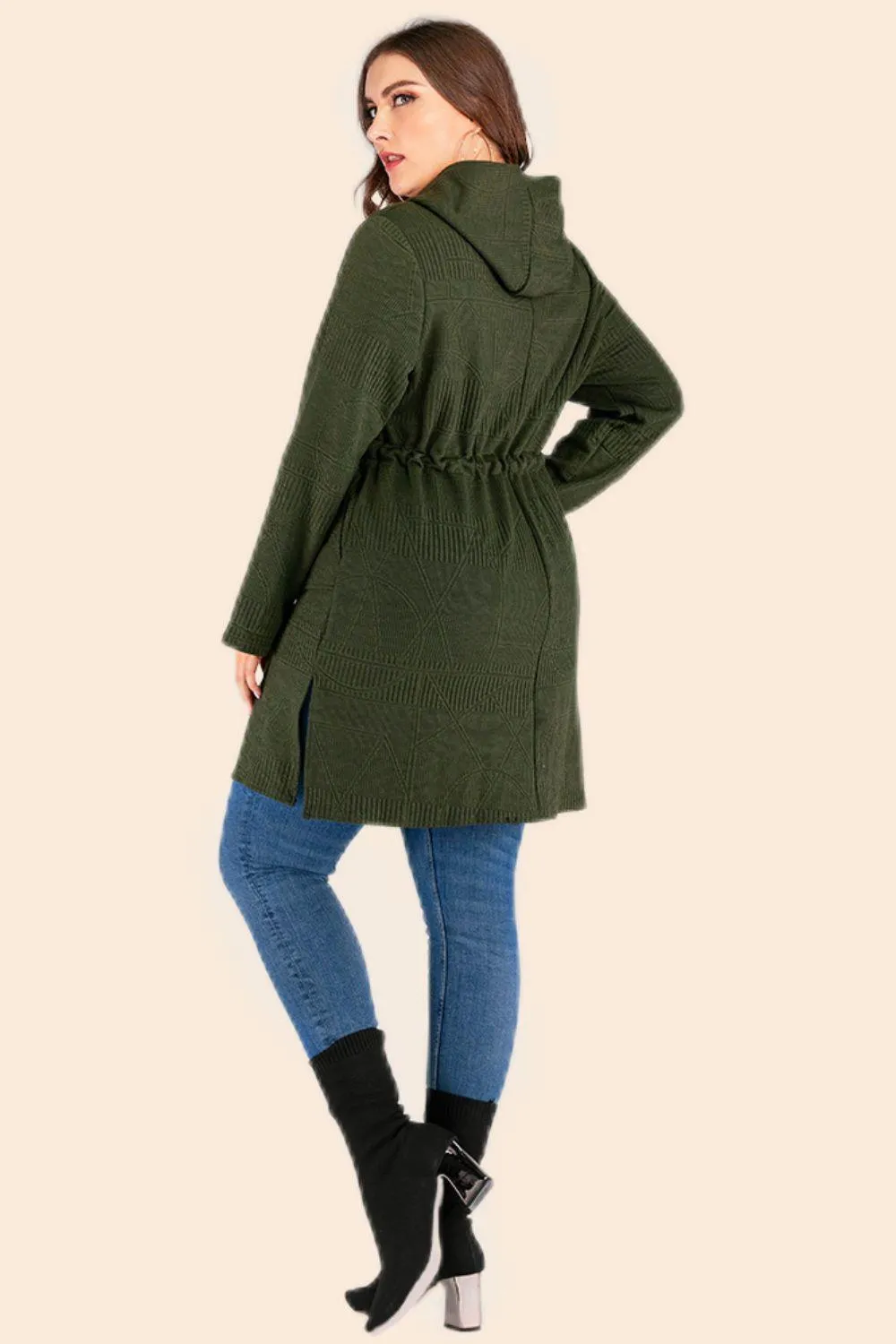 Plus Size Drawstring Waist Hooded Cardigan