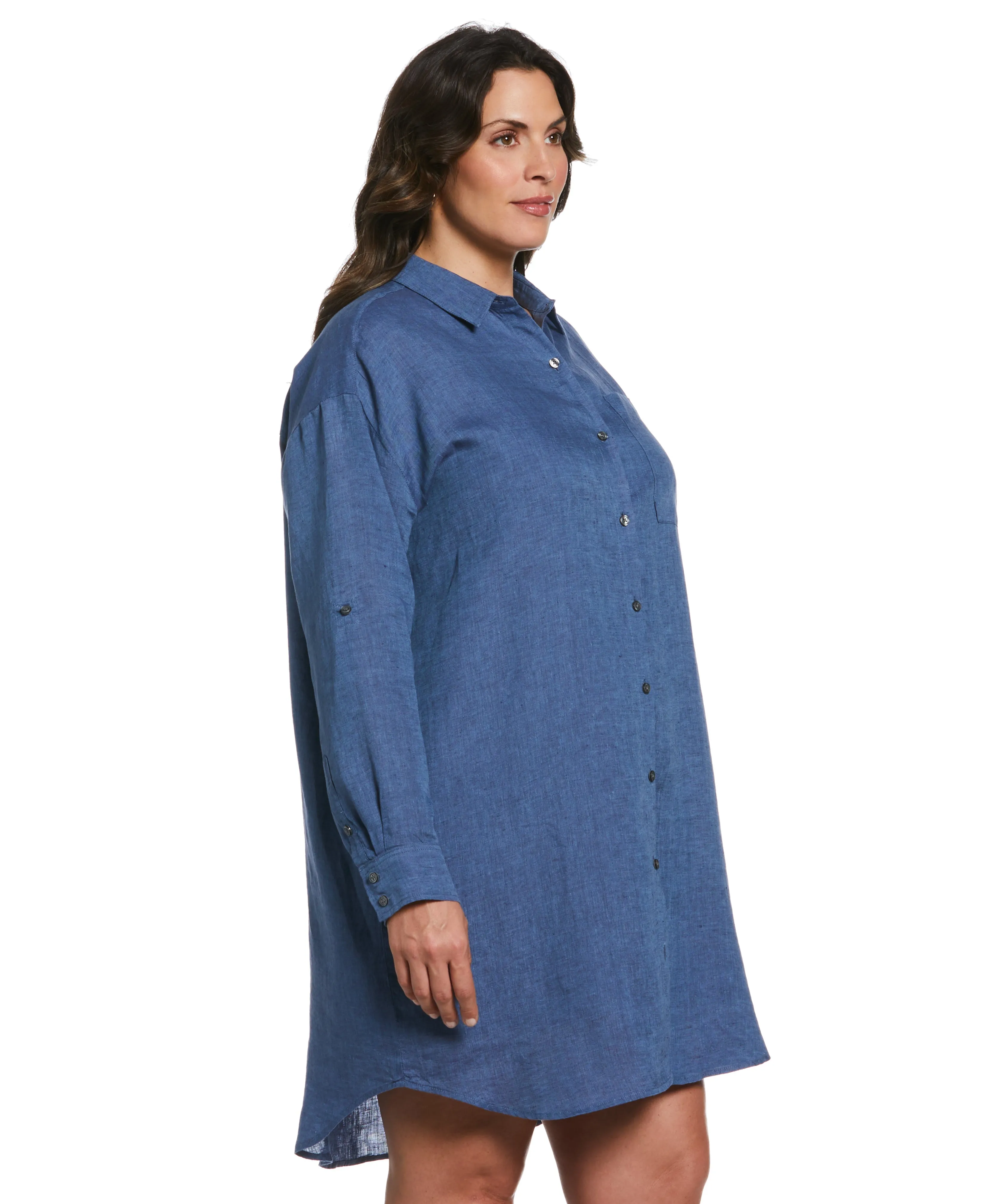 Plus Size Roll Sleeve Linen Shirt Dress