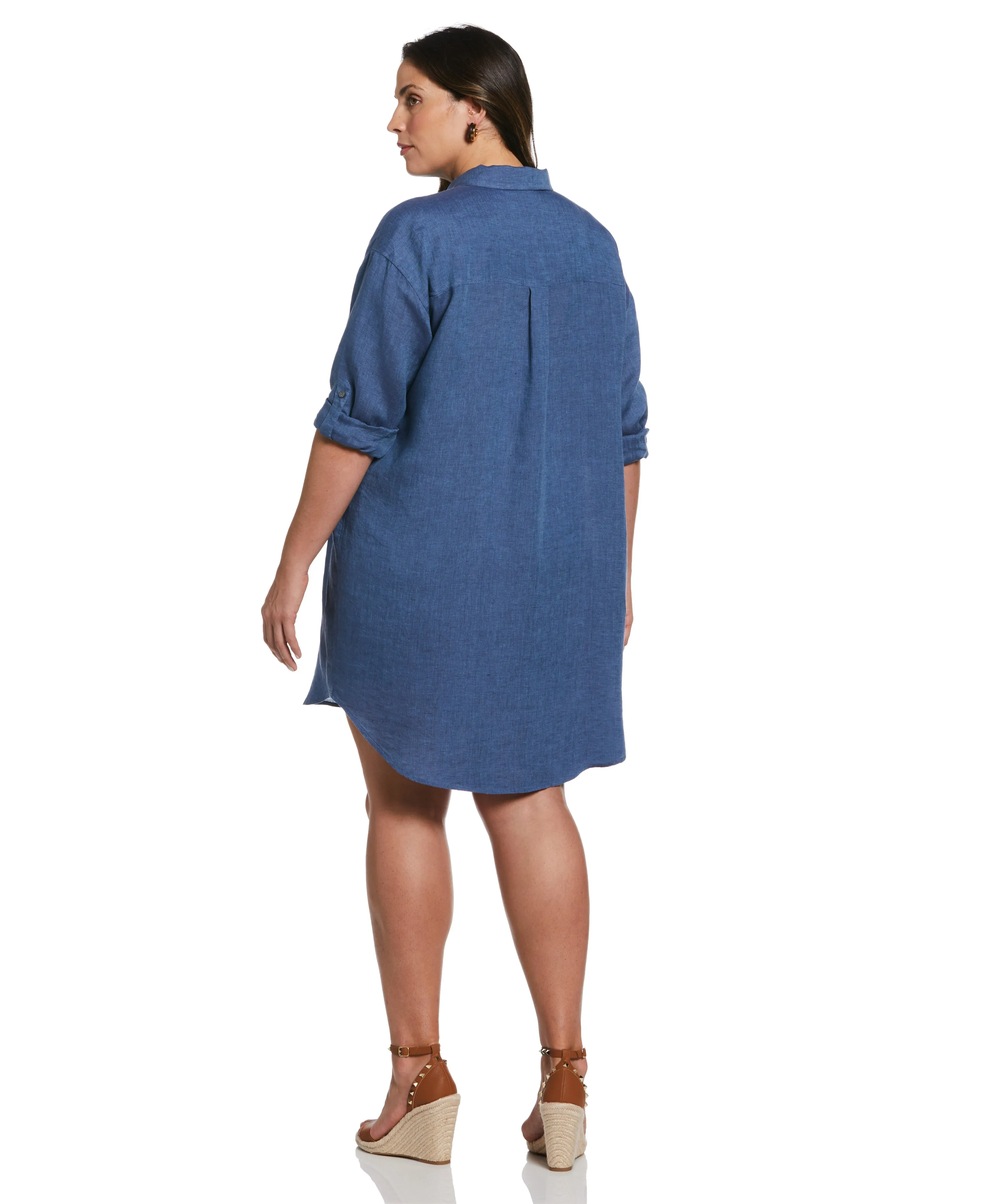 Plus Size Roll Sleeve Linen Shirt Dress