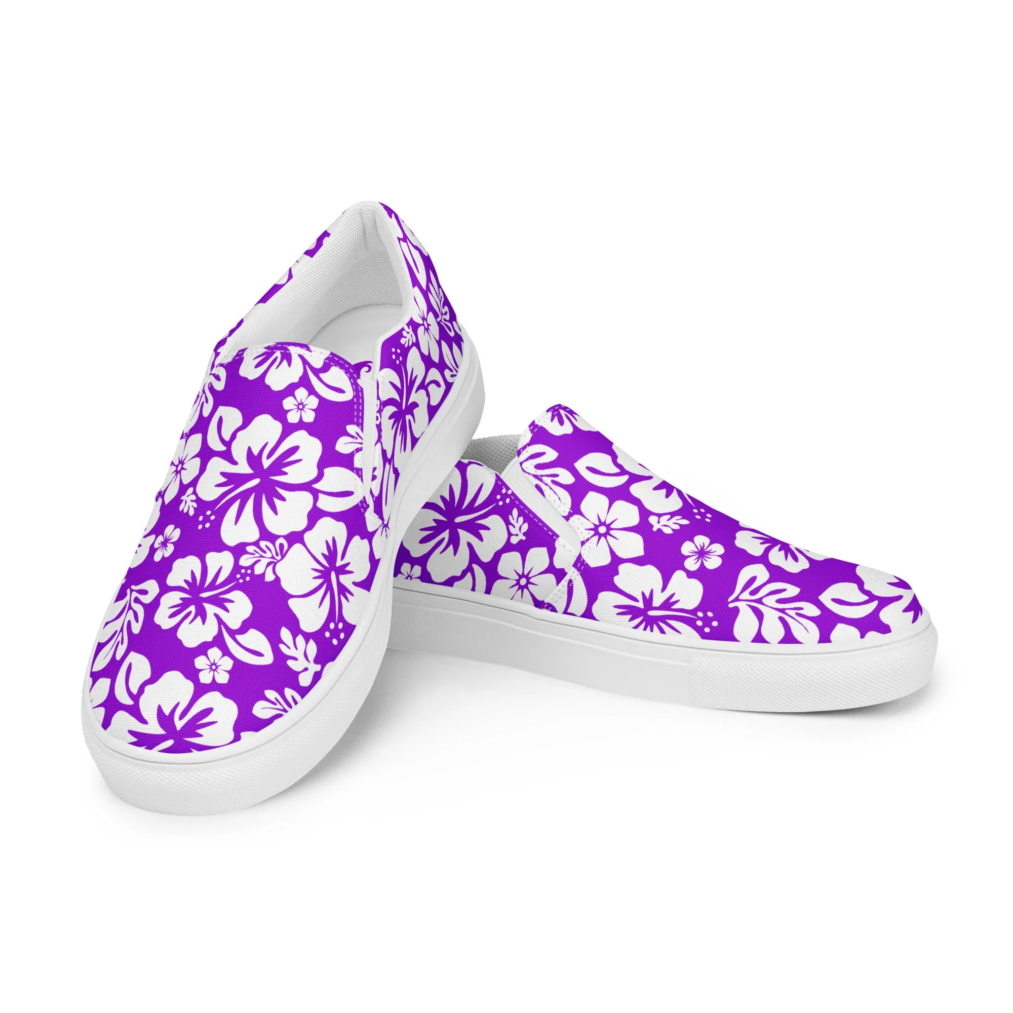 Purple and White Hawaiian Flowers Women's Slip On Canvas Shoes