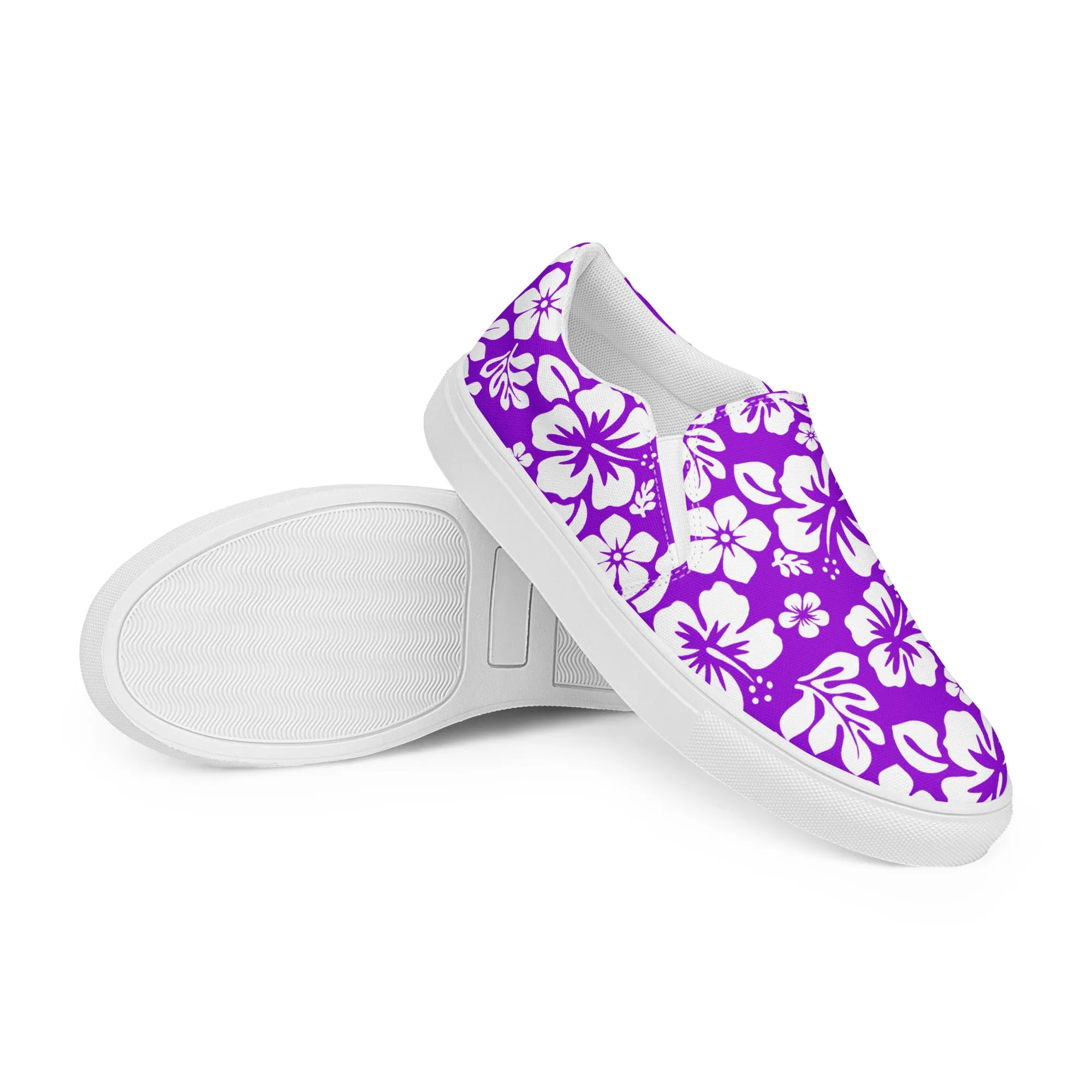 Purple and White Hawaiian Flowers Women's Slip On Canvas Shoes