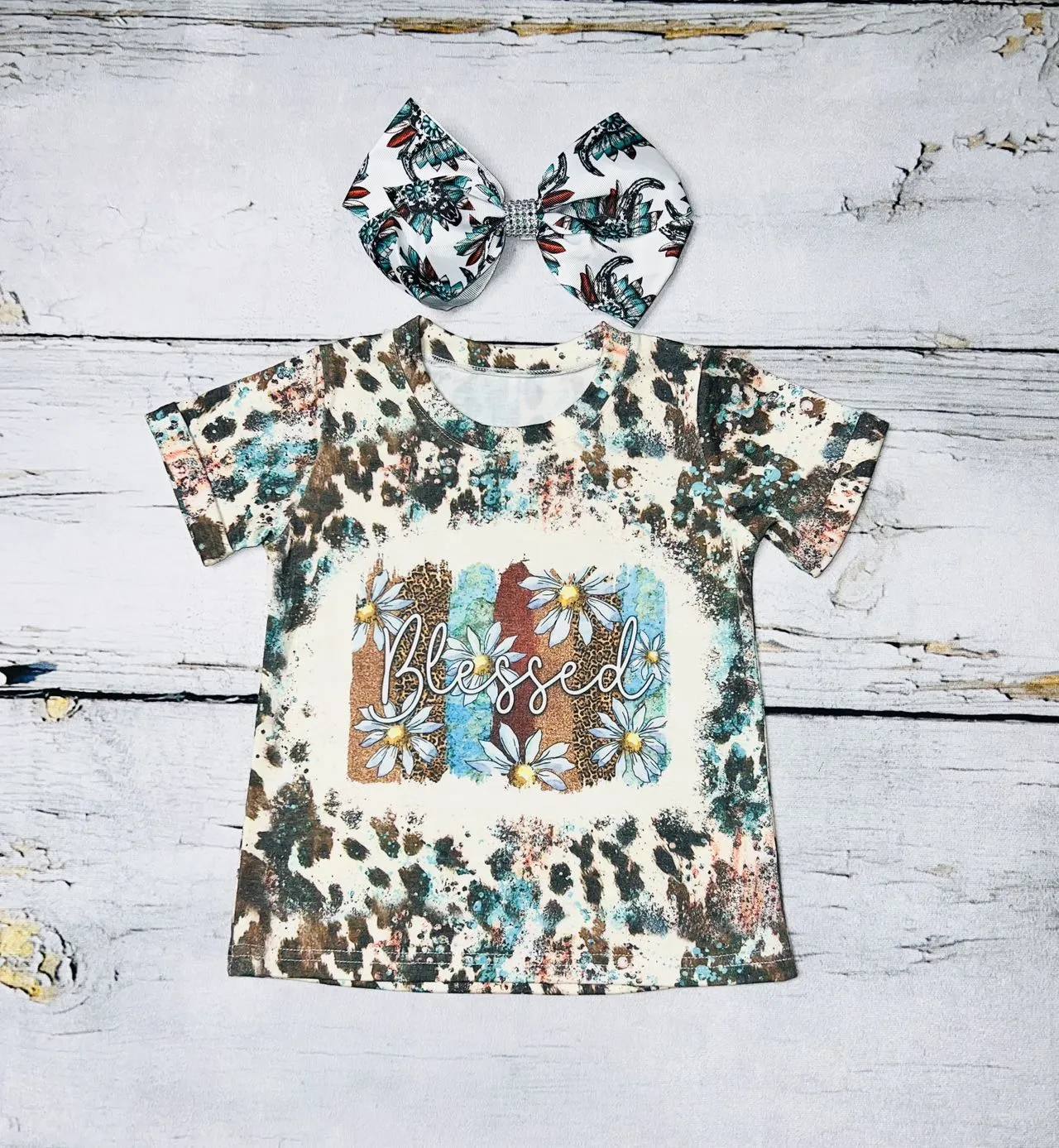 "BLESSED" animal print & daisy's short sleeve shirt DLH1215-02