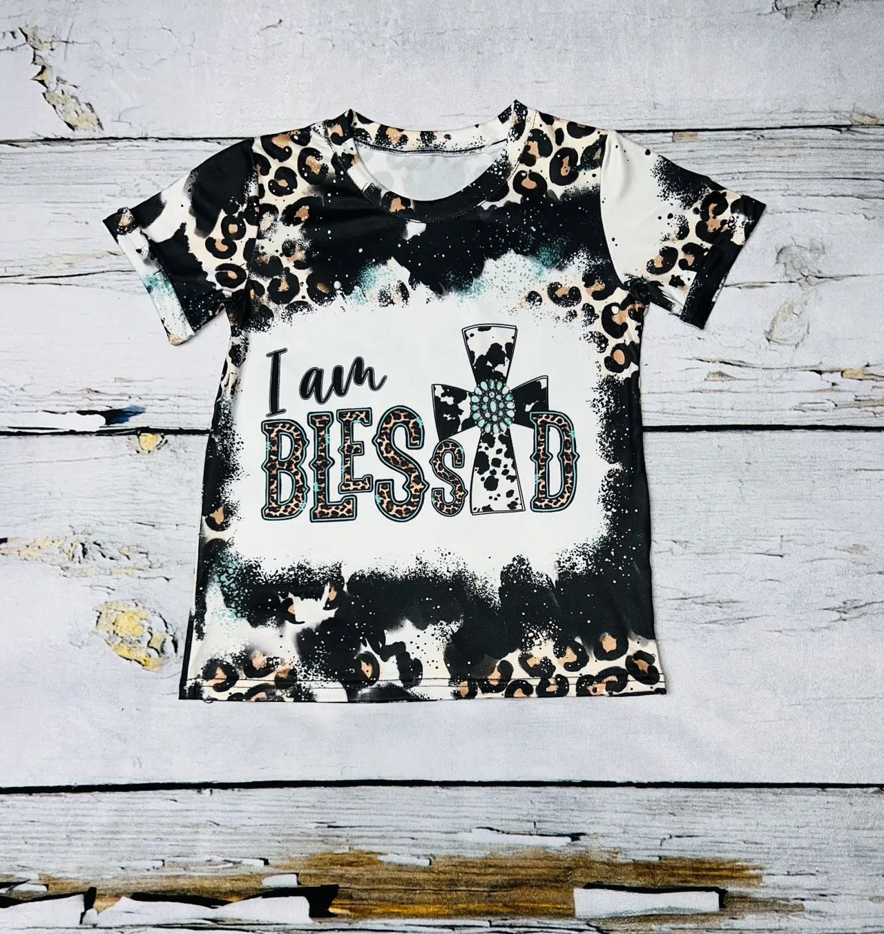 "I am blessed" cross black bleached w/leopard short sleeve t-shirt DLH1215-25