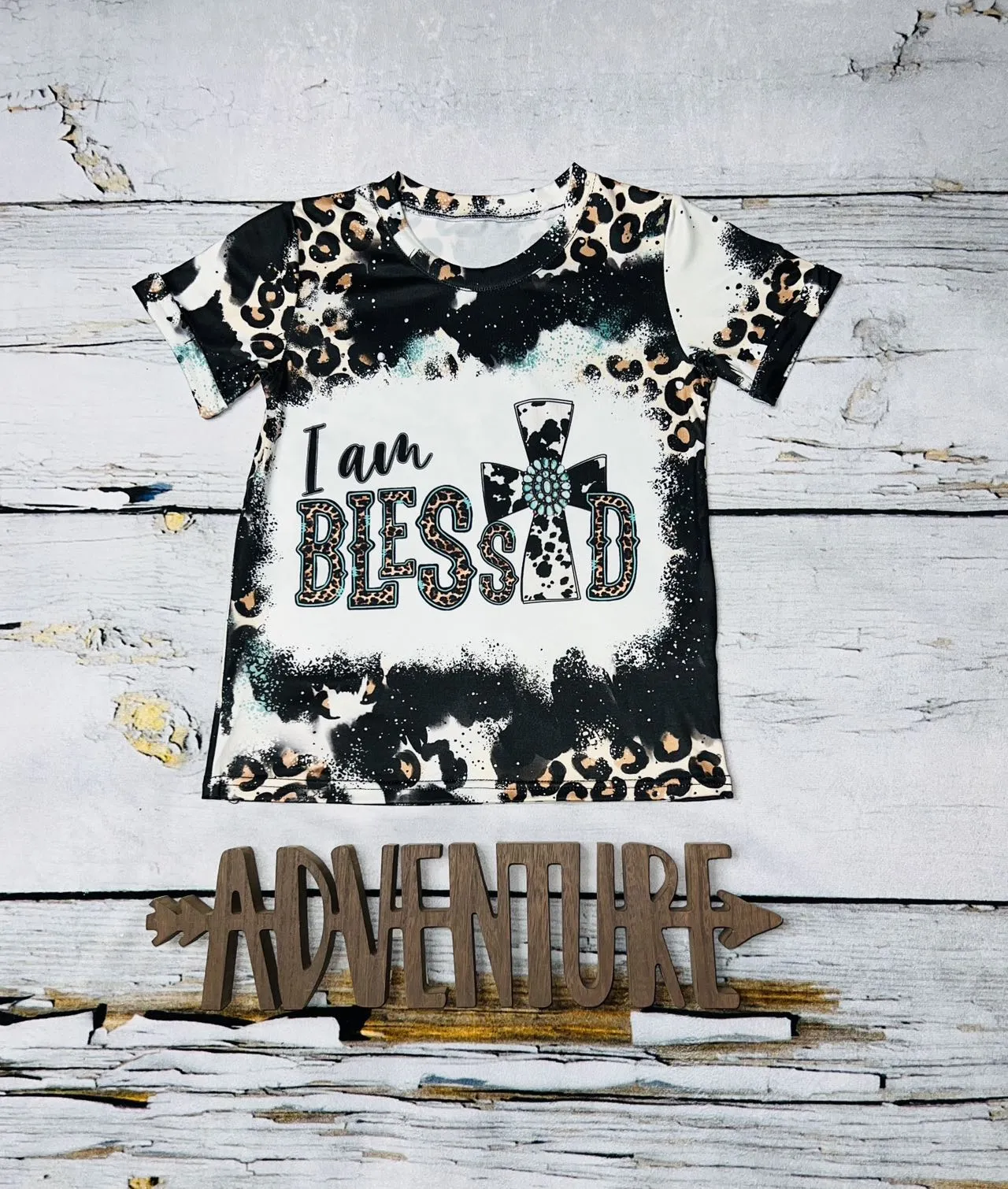 "I am blessed" cross black bleached w/leopard short sleeve t-shirt DLH1215-25