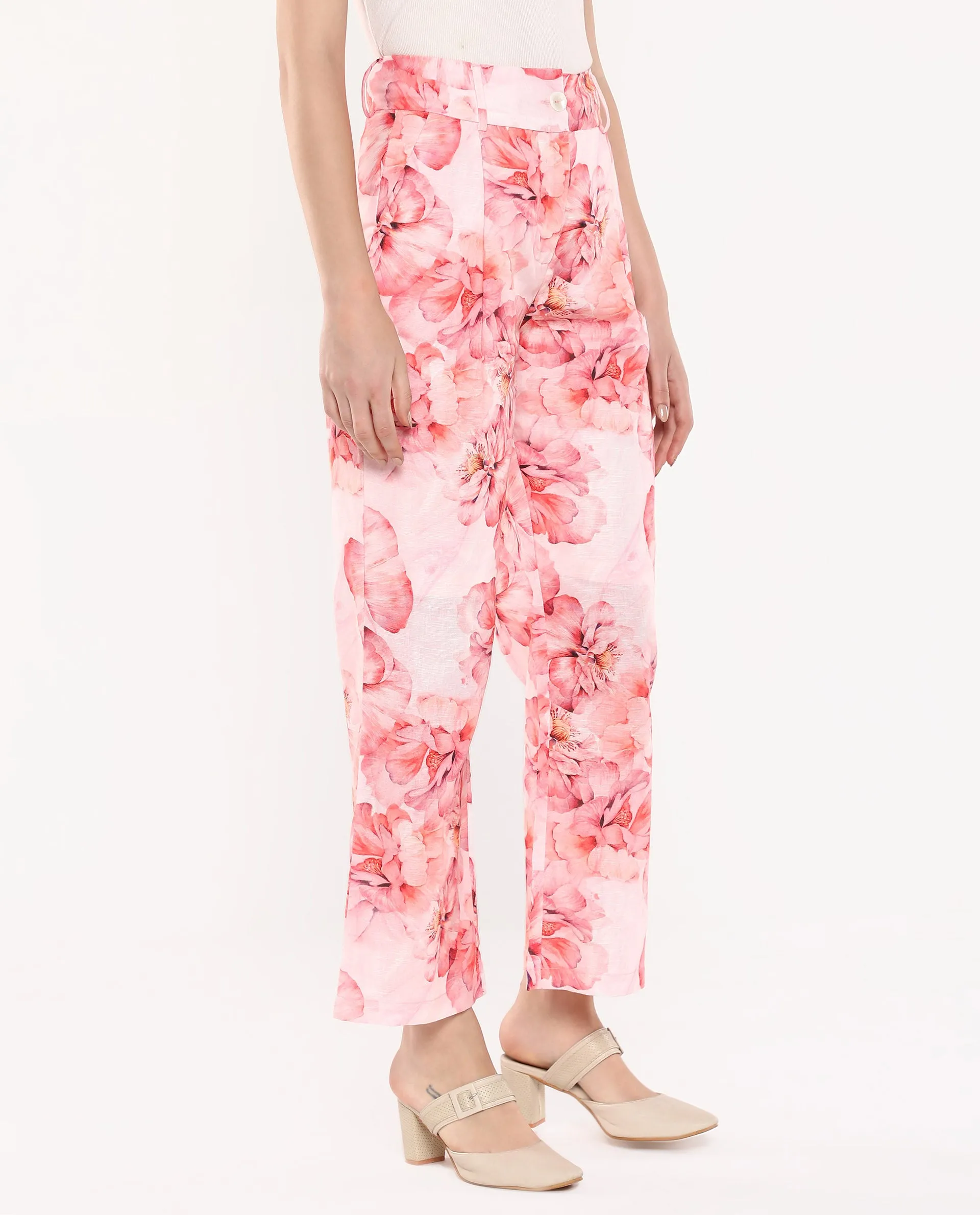 Rareism Women Quzal Pink Straight Fit Ankle Length Floral Print Trouser