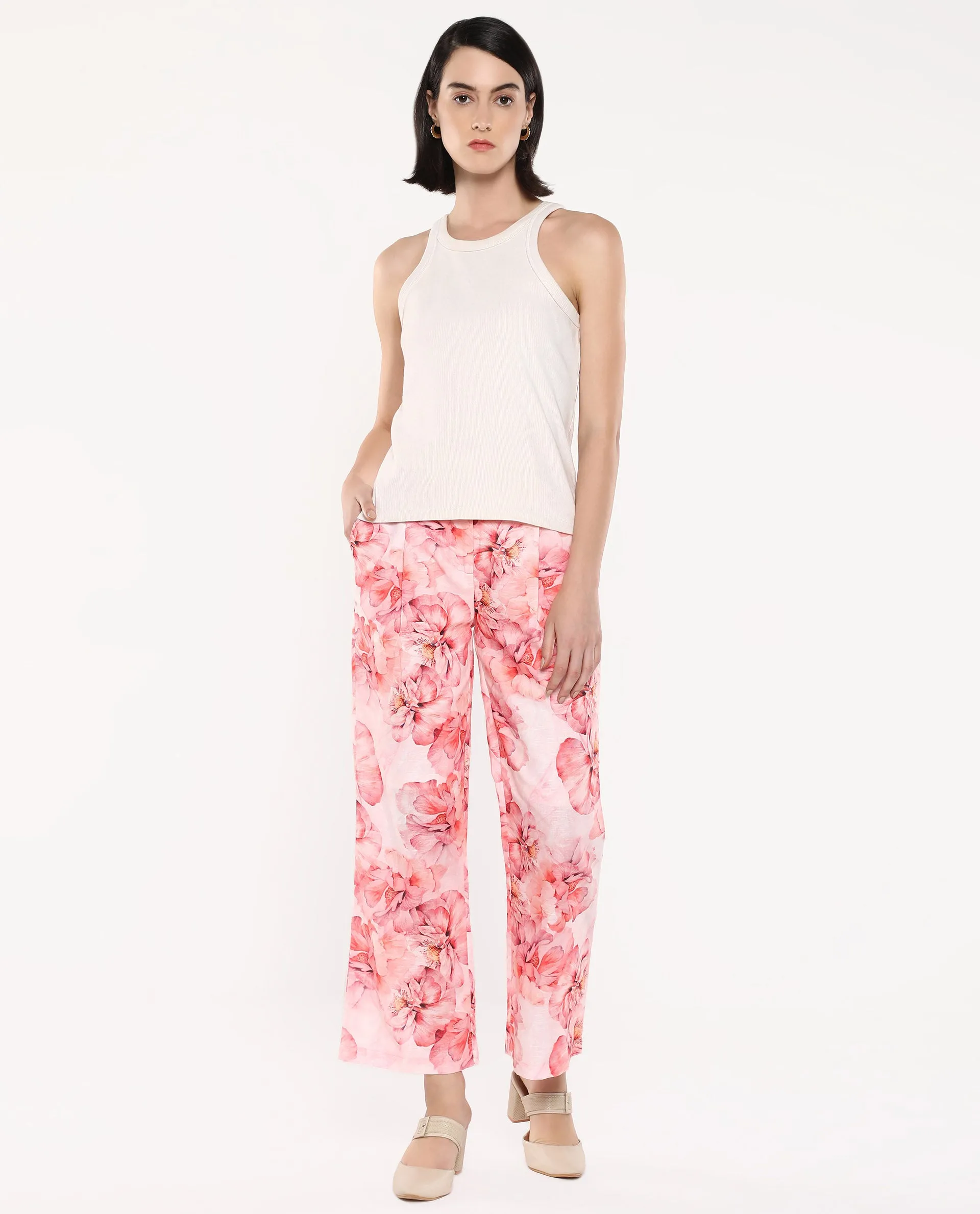 Rareism Women Quzal Pink Straight Fit Ankle Length Floral Print Trouser