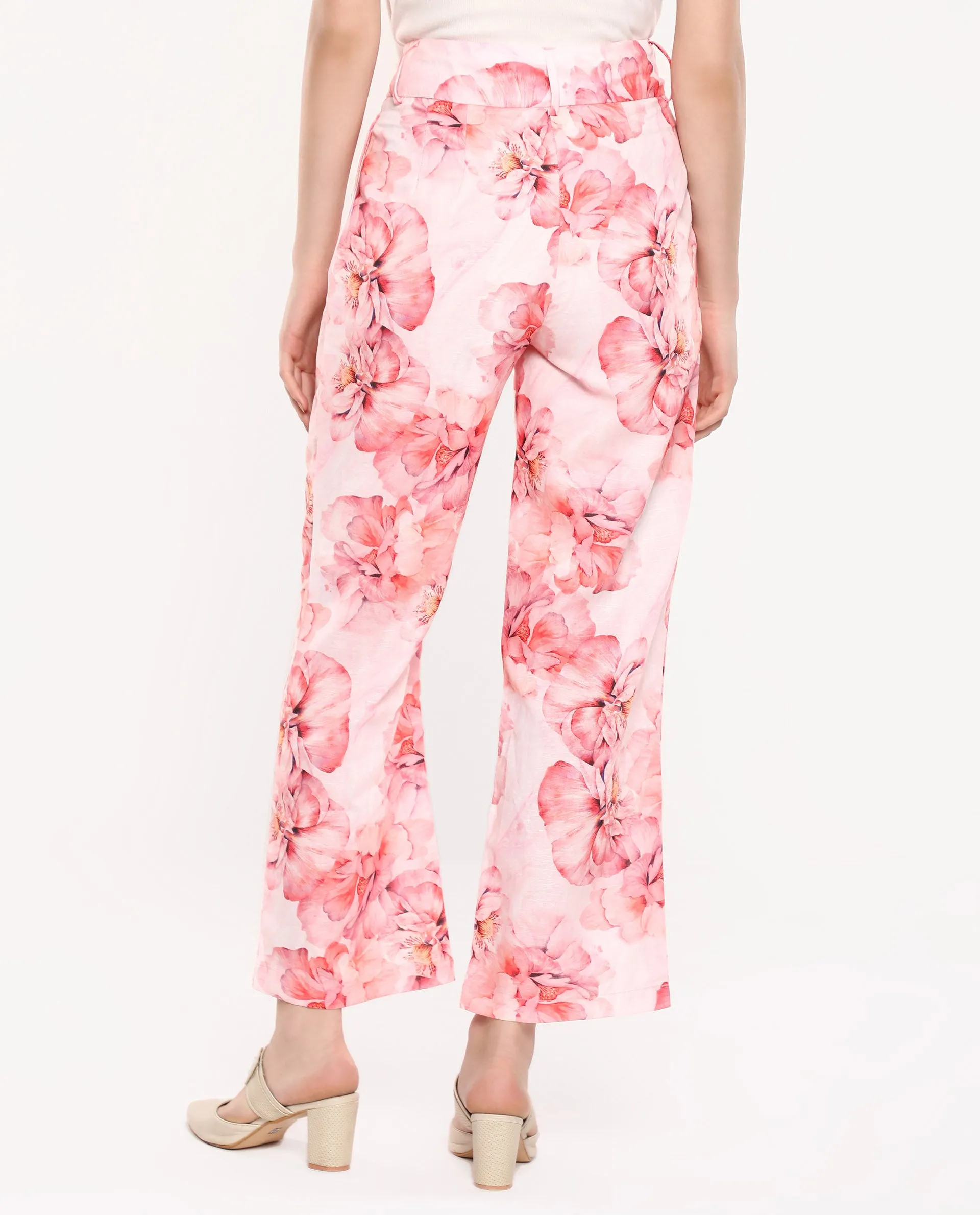 Rareism Women Quzal Pink Straight Fit Ankle Length Floral Print Trouser