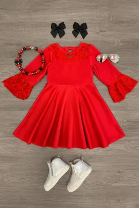 Red Lace Bell Sleeve Dress