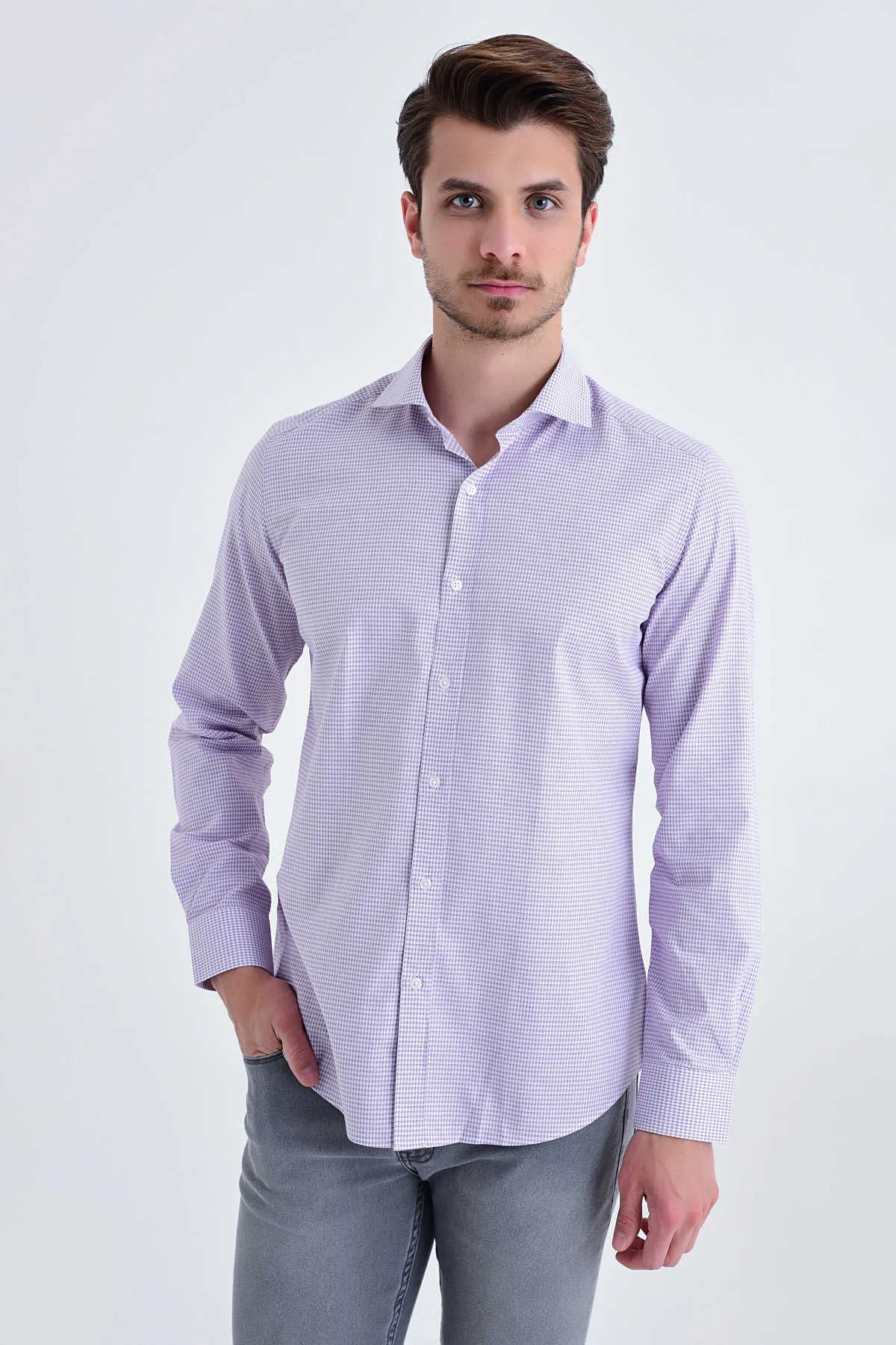 Slim Fit Patterned Cotton Casual Shirt, Purple D.