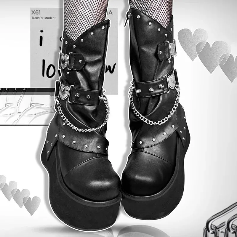 Sohiwoo Punk Wedges Black Ankle Boots Women Winter Y2K Pu Leather Chunky Platform Boots Woman Plus Size 42 Gothic Cosplay Shoes