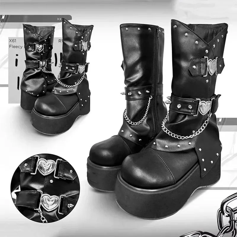 Sohiwoo Punk Wedges Black Ankle Boots Women Winter Y2K Pu Leather Chunky Platform Boots Woman Plus Size 42 Gothic Cosplay Shoes