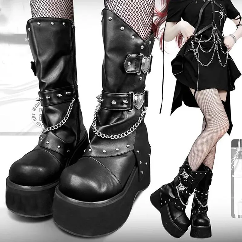 Sohiwoo Punk Wedges Black Ankle Boots Women Winter Y2K Pu Leather Chunky Platform Boots Woman Plus Size 42 Gothic Cosplay Shoes