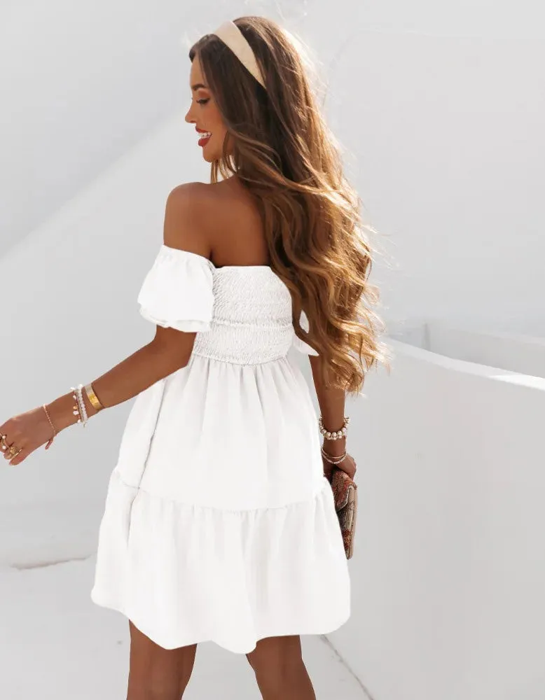 Solid-color Off The Shoulder Short Sleeve Short Pleated A-Line Dresses