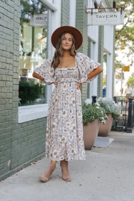 Taupe Floral Print Ruffle Sleeve Midi Dress - FINAL SALE