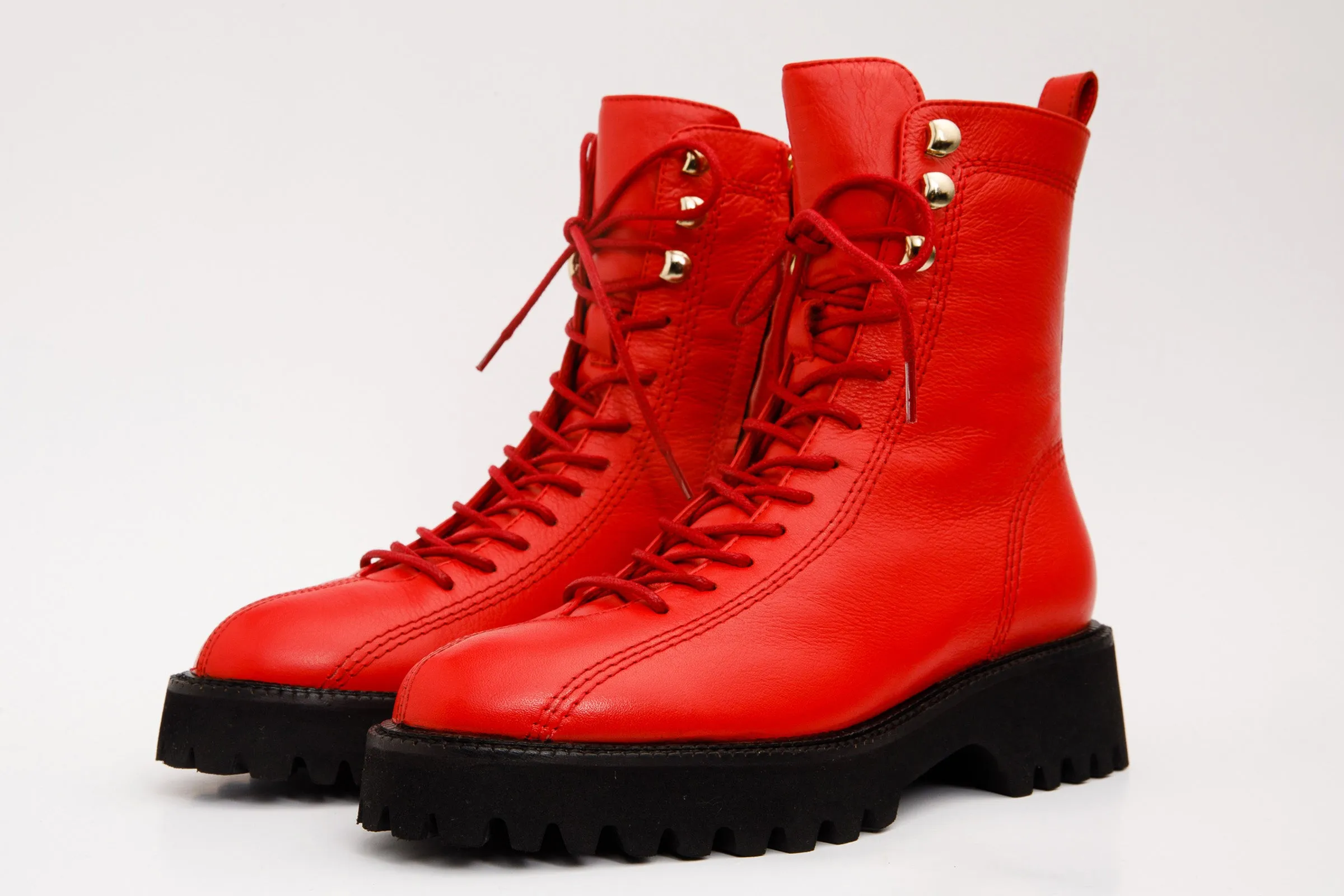 The Moreno Red Leather Lace-Up Mid Calf Women Boot