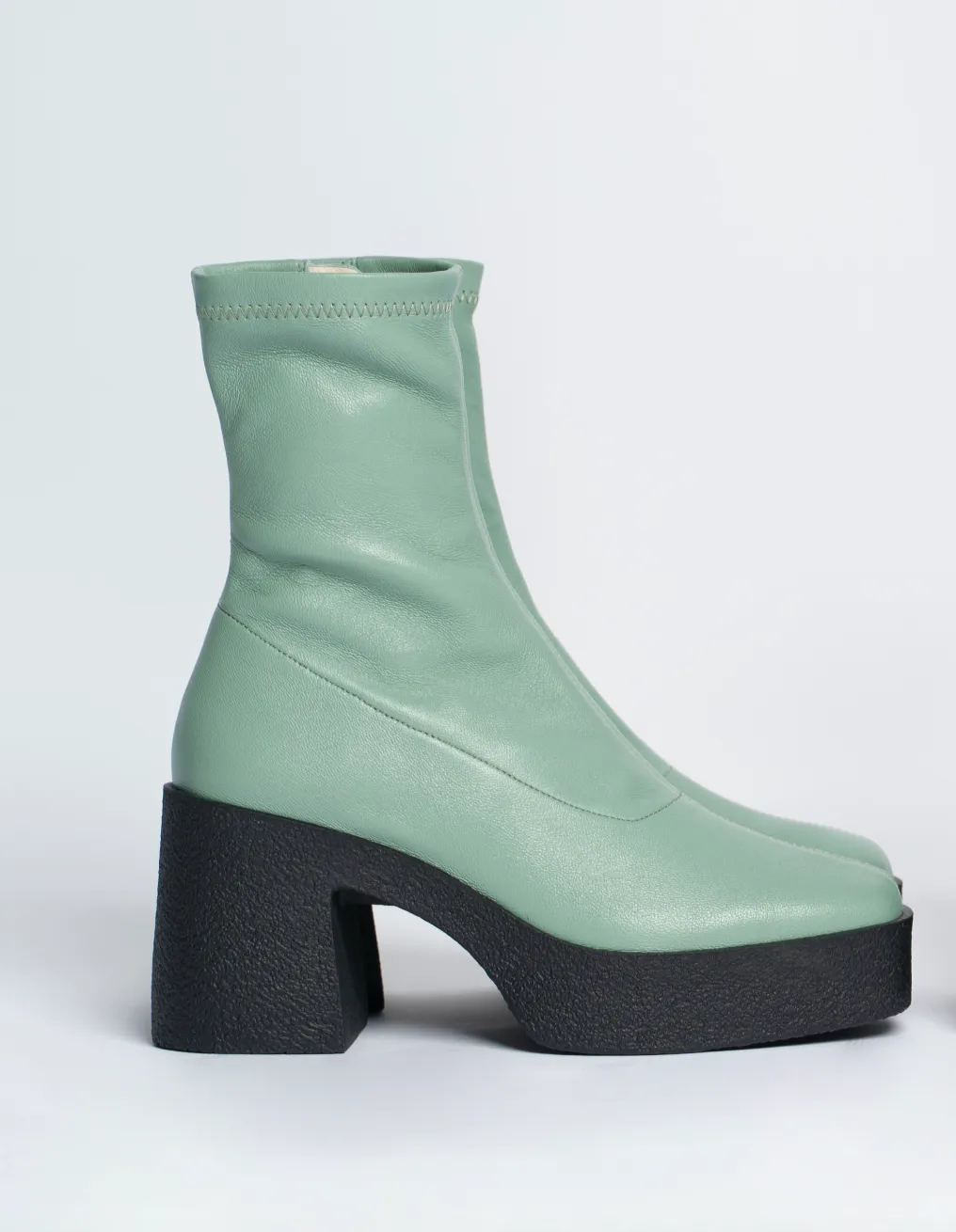 Umi Sage Green Stretch Leather Chunky Ankle Boots