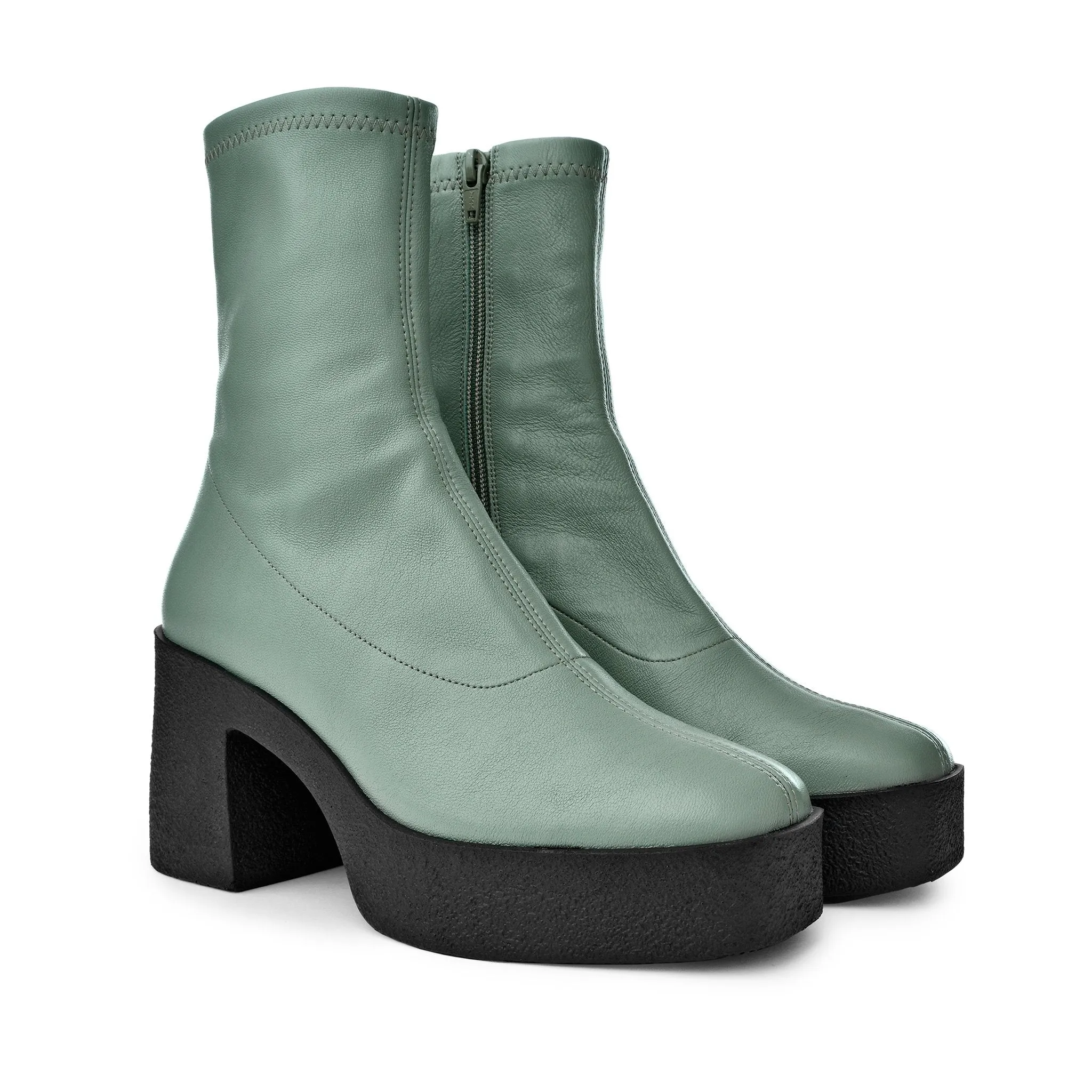 Umi Sage Green Stretch Leather Chunky Ankle Boots