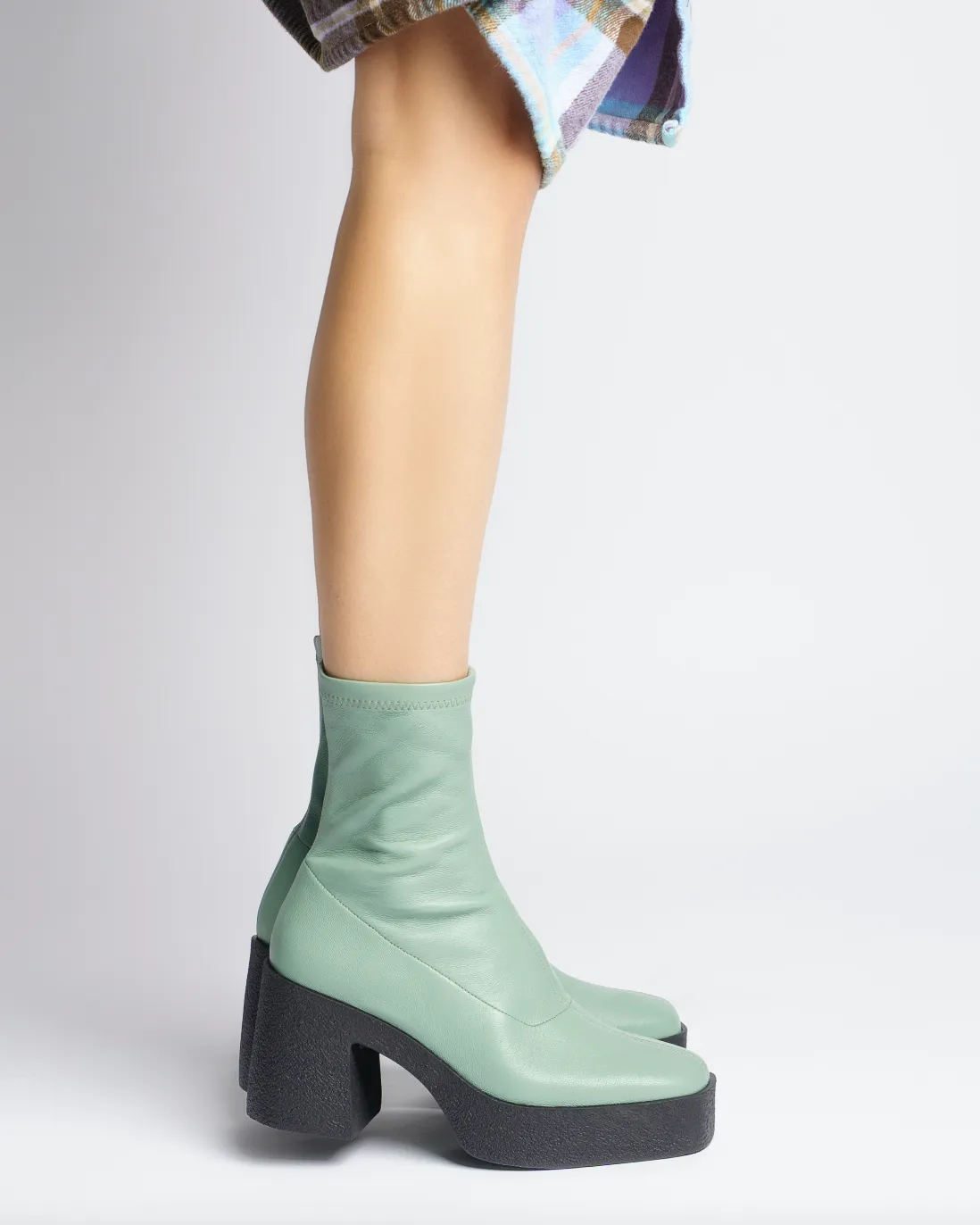 Umi Sage Green Stretch Leather Chunky Ankle Boots