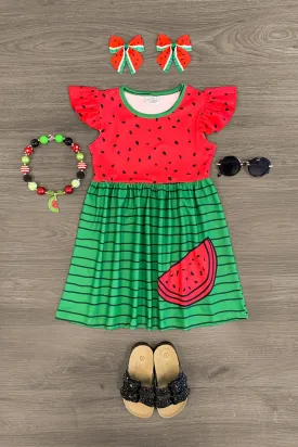 Watermelon Ruffle Sleeve Stripe Dress