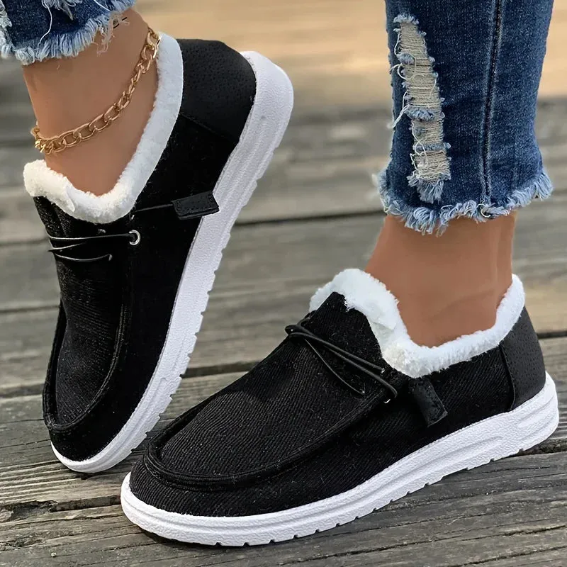 Winter plush lined flat shoes, Women's low top slip on shoes, women's footwear