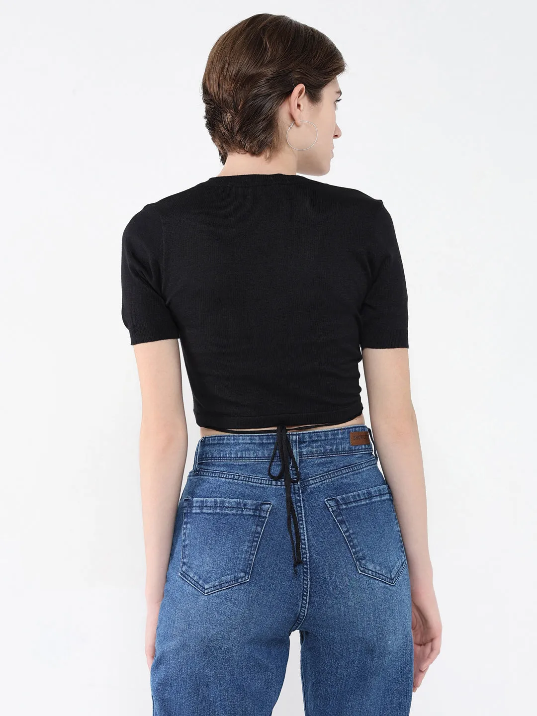 Women Black Solid Styled Back Top