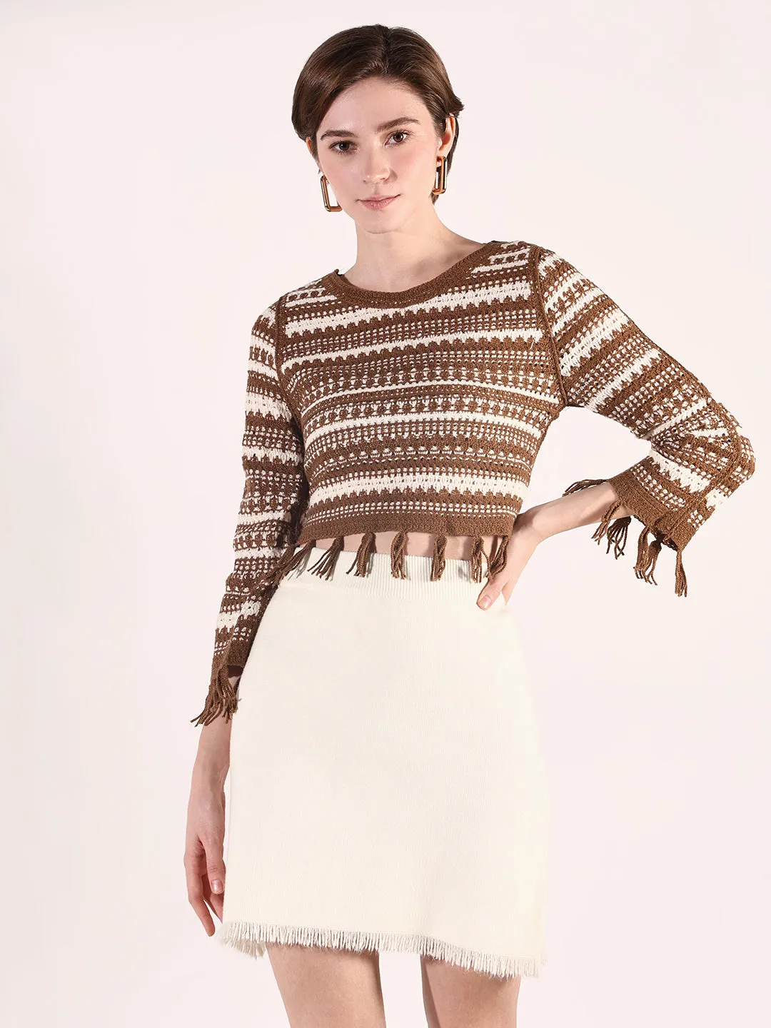 Women Brown Solid Crochet Top