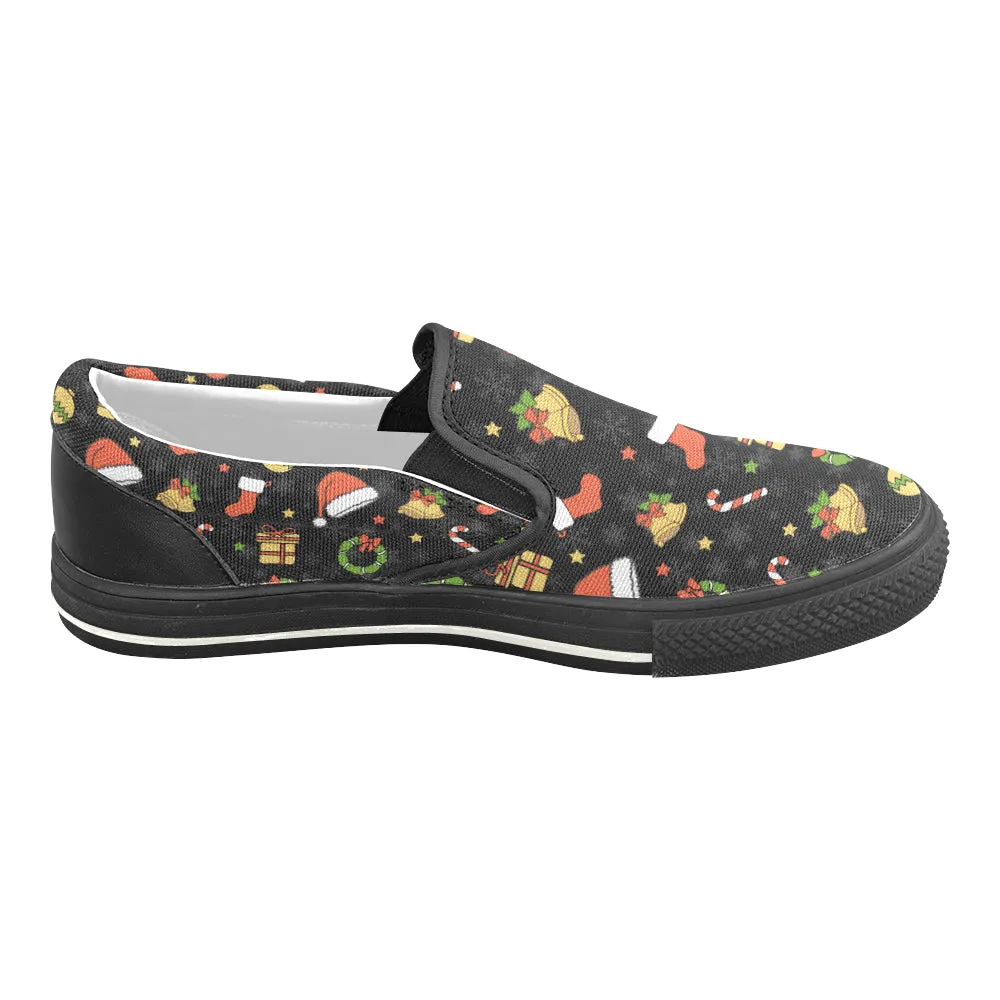 Women's Christmas Elements Print Big Size Canvas Slip On Shoes (Black)