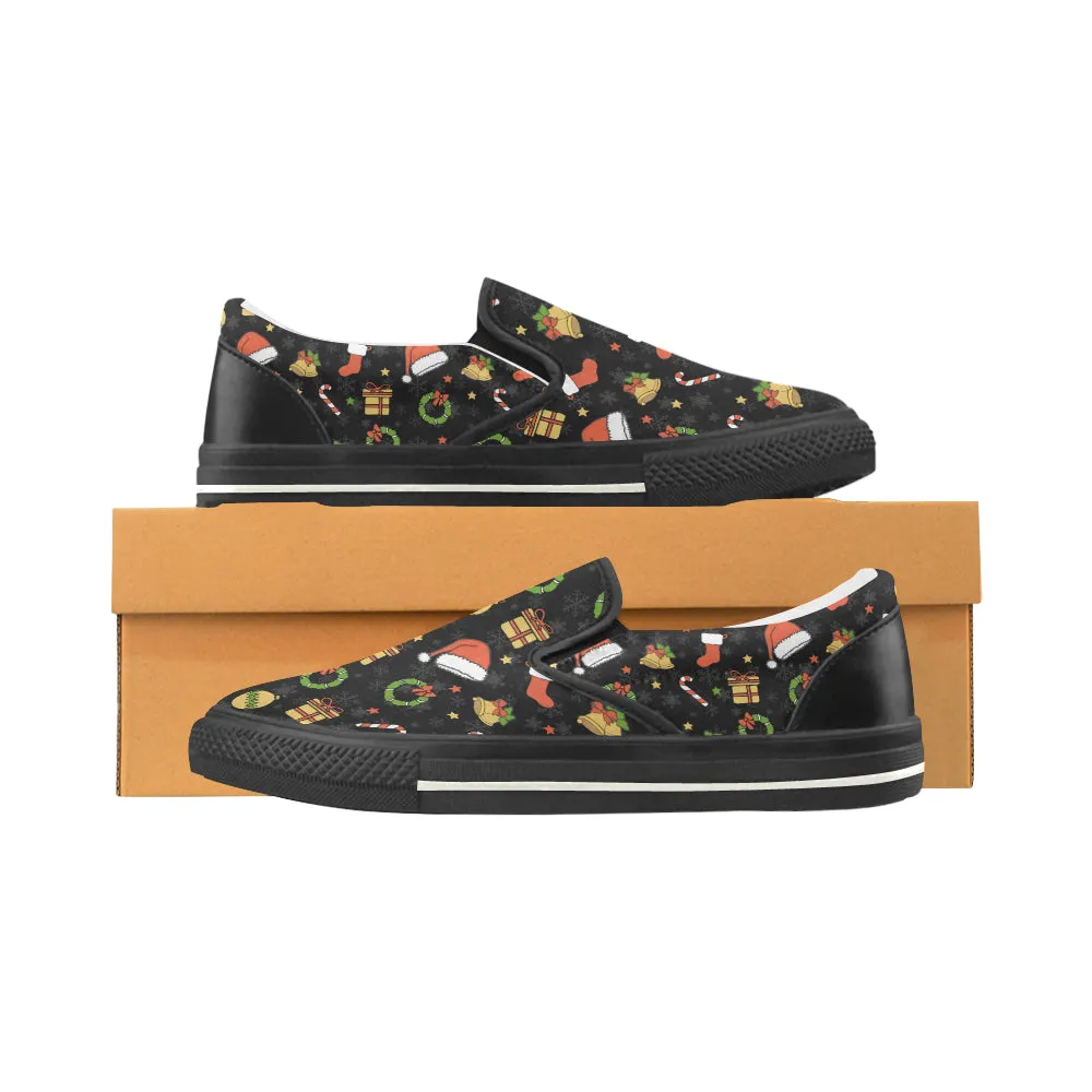 Women's Christmas Elements Print Big Size Canvas Slip On Shoes (Black)