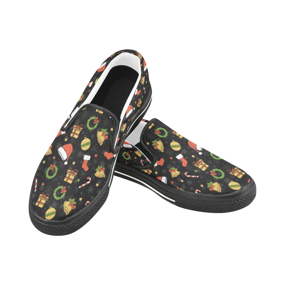 Women's Christmas Elements Print Big Size Canvas Slip On Shoes (Black)