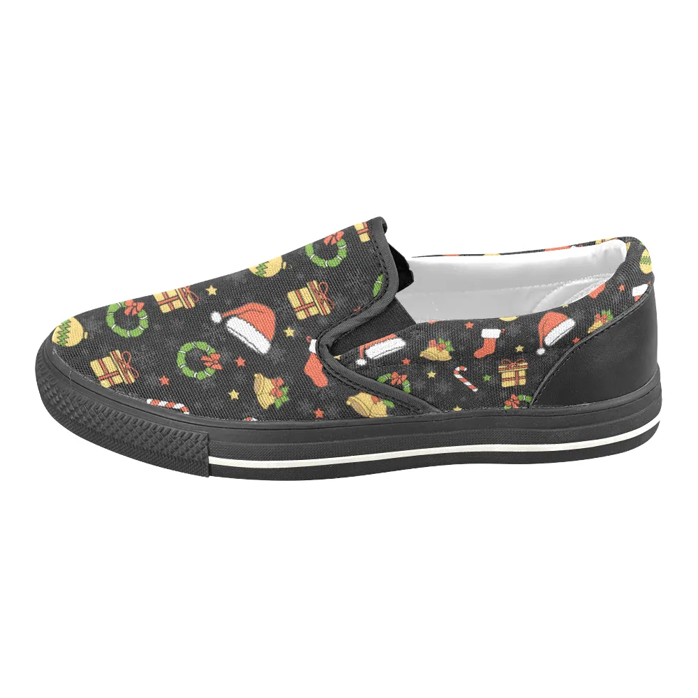 Women's Christmas Elements Print Big Size Canvas Slip On Shoes (Black)