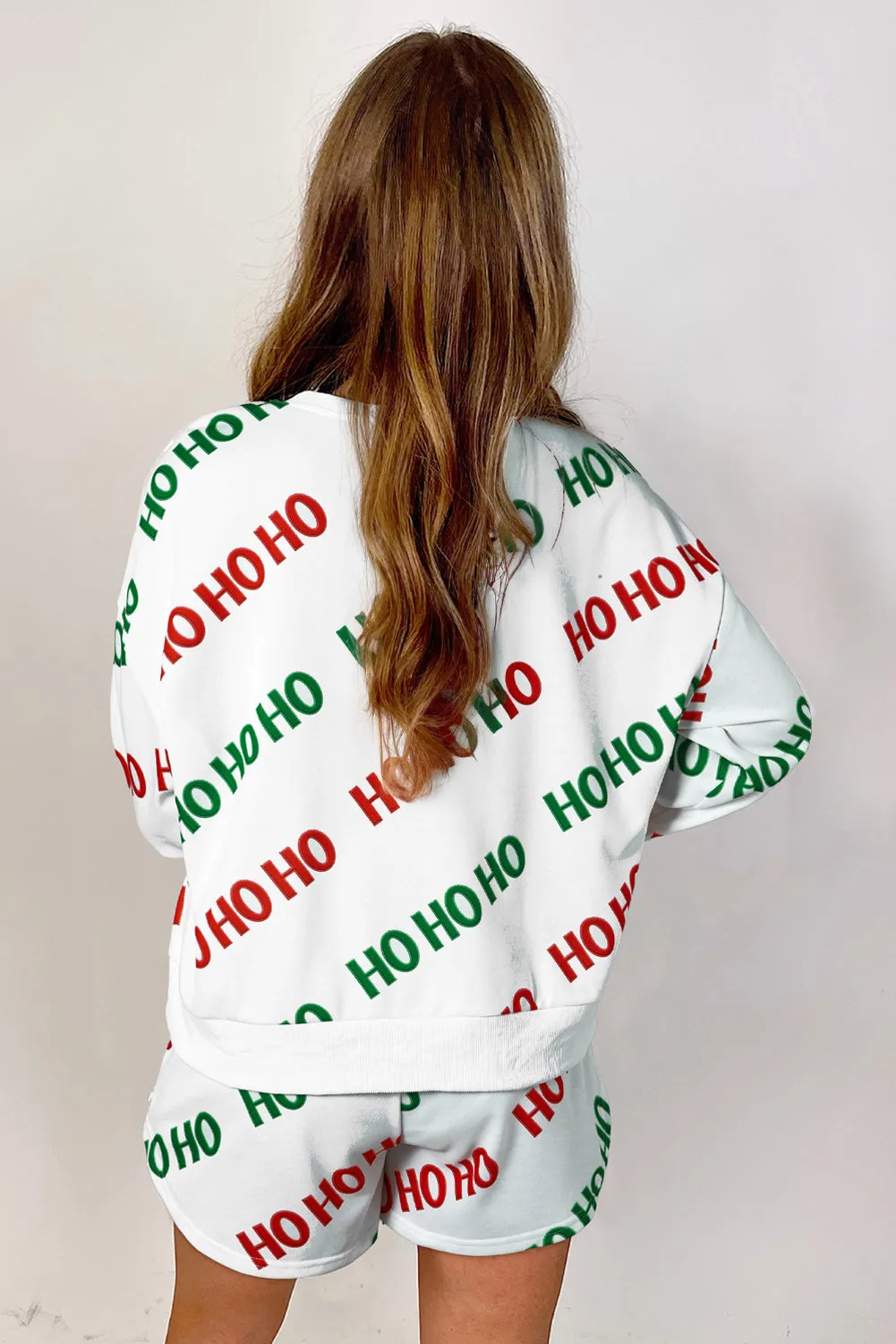 Womens Festive "HO HO HO" Print Pullover and Shorts Lounge Set