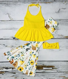 Yellow halter top w/floral bell bottoms 3pc set DLH1224-13